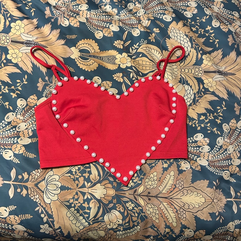 SHEIN Red Heart Crop Top with Pearl Accents